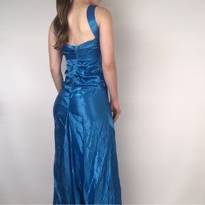 Vintage 90s Zum Zum Niki Livas Maxi Satin Dress Ruched Blue‎ Size 8 USA